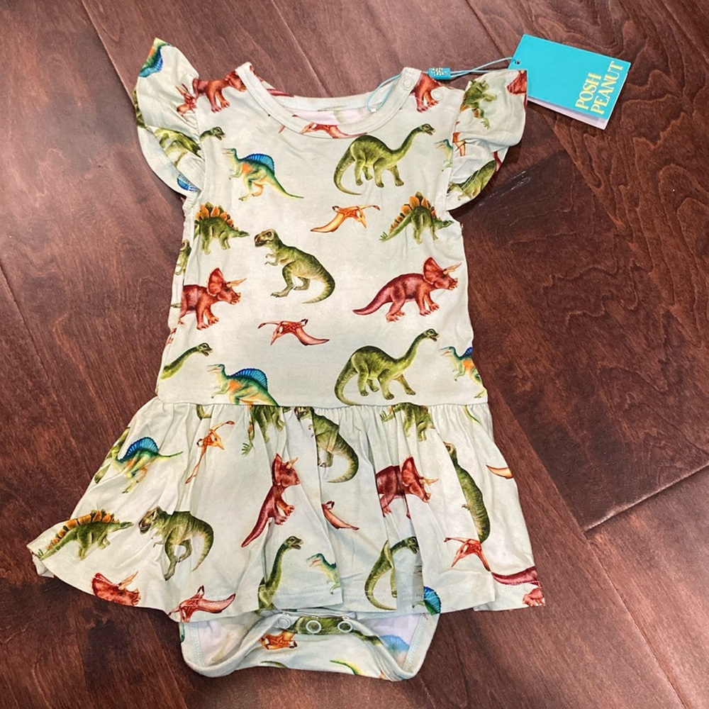 Posh Peanut Dino Print Dress - Green, Red, Blue